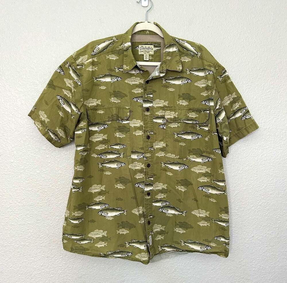 Cabela's Mens Size L Trout Graphic Print Breathable Short Sleeve Button-Up